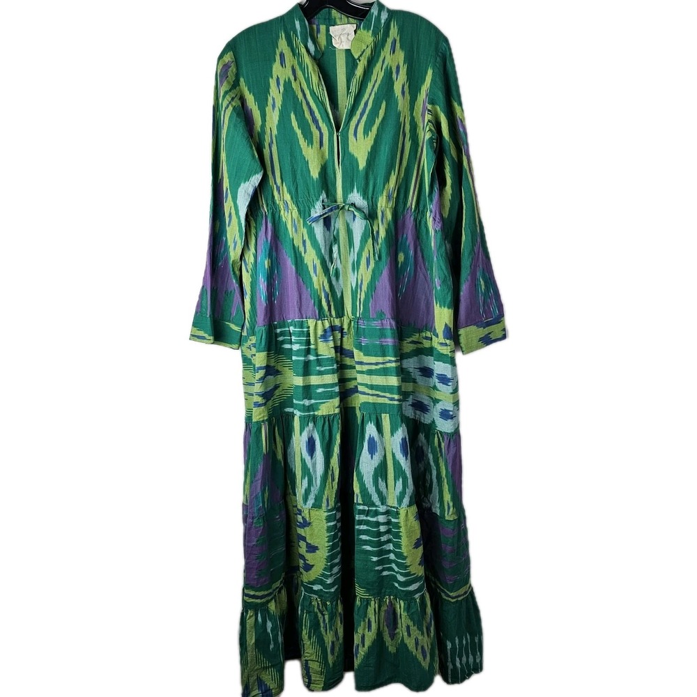 Green & Purple Ikat Long Sleeve Maxi Dress